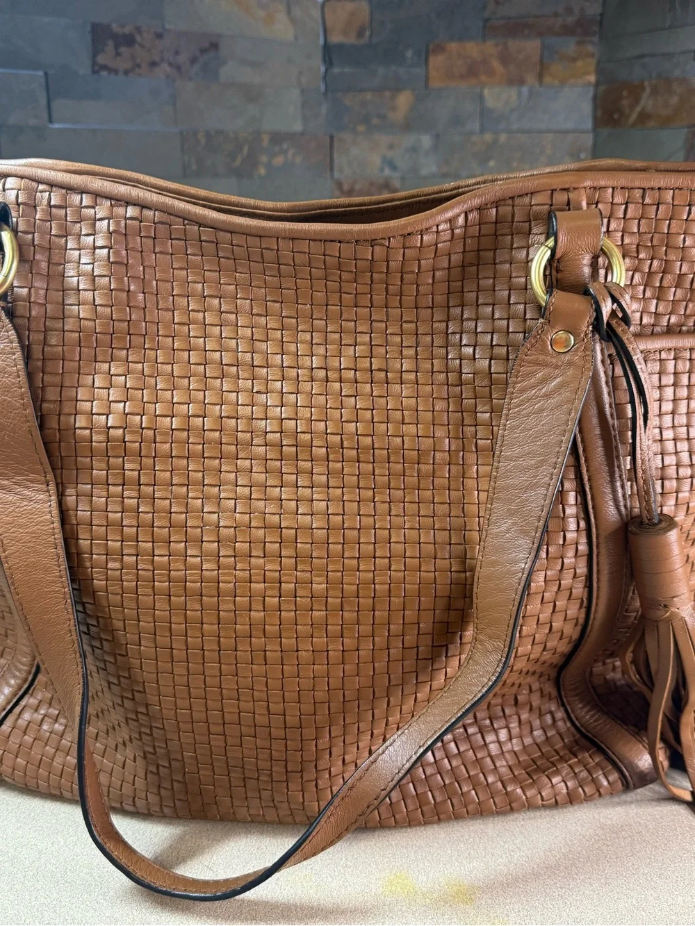 Brown Woven Leather Cole Haan Large Tote Bag